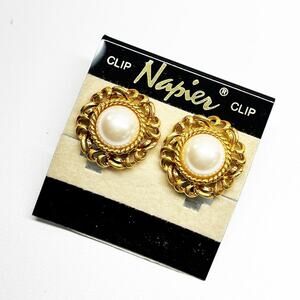 NEW Vintage Napier Gold & Pearl Clip with Screw Back Earrings